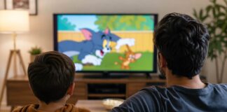padre e figlio guardano un cartone animato in tv