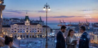Foto idealistica di una Trieste immersa nei flussi dell'IA. piazza Unità sullo sfondo, davanti ci sono alcune persone che lavorano con dei computer e proiettano alcuni ologrammi