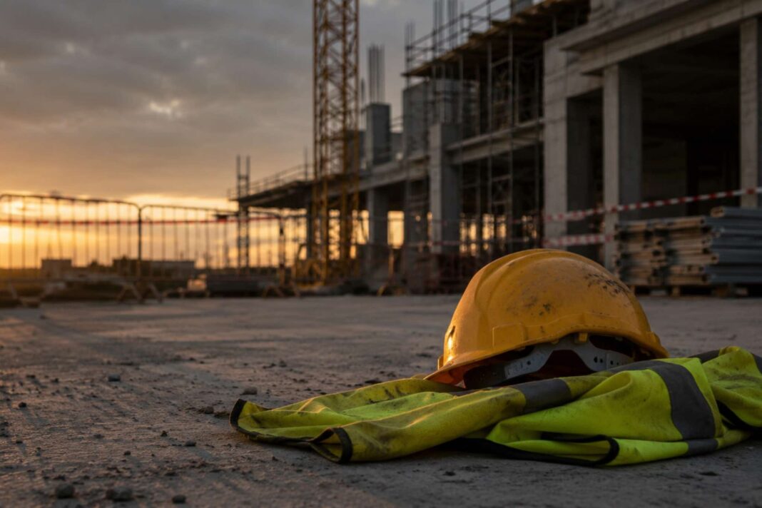 elmetto da lavoro e giubbotto catarifrangente in primo piano, sullo sfondo un cantiere