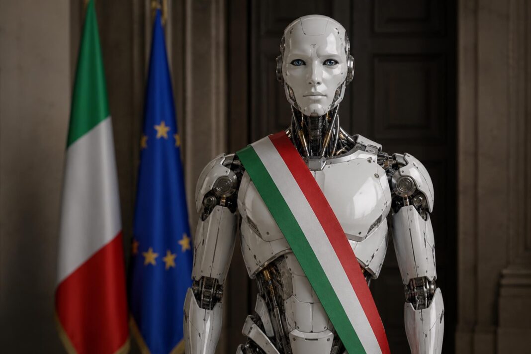 foto di un androide che indossa la fascia tricolore italiana
