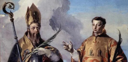Affresco di G.B. Tiepolo, Ermacora e Fortunato, 1736. Udine, chiesa cattedrale, altare del SS. Sacramento.