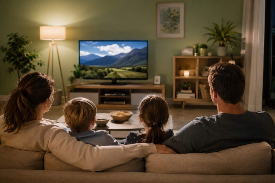 famiglia che guarda la tv seduta sul divano in salotto